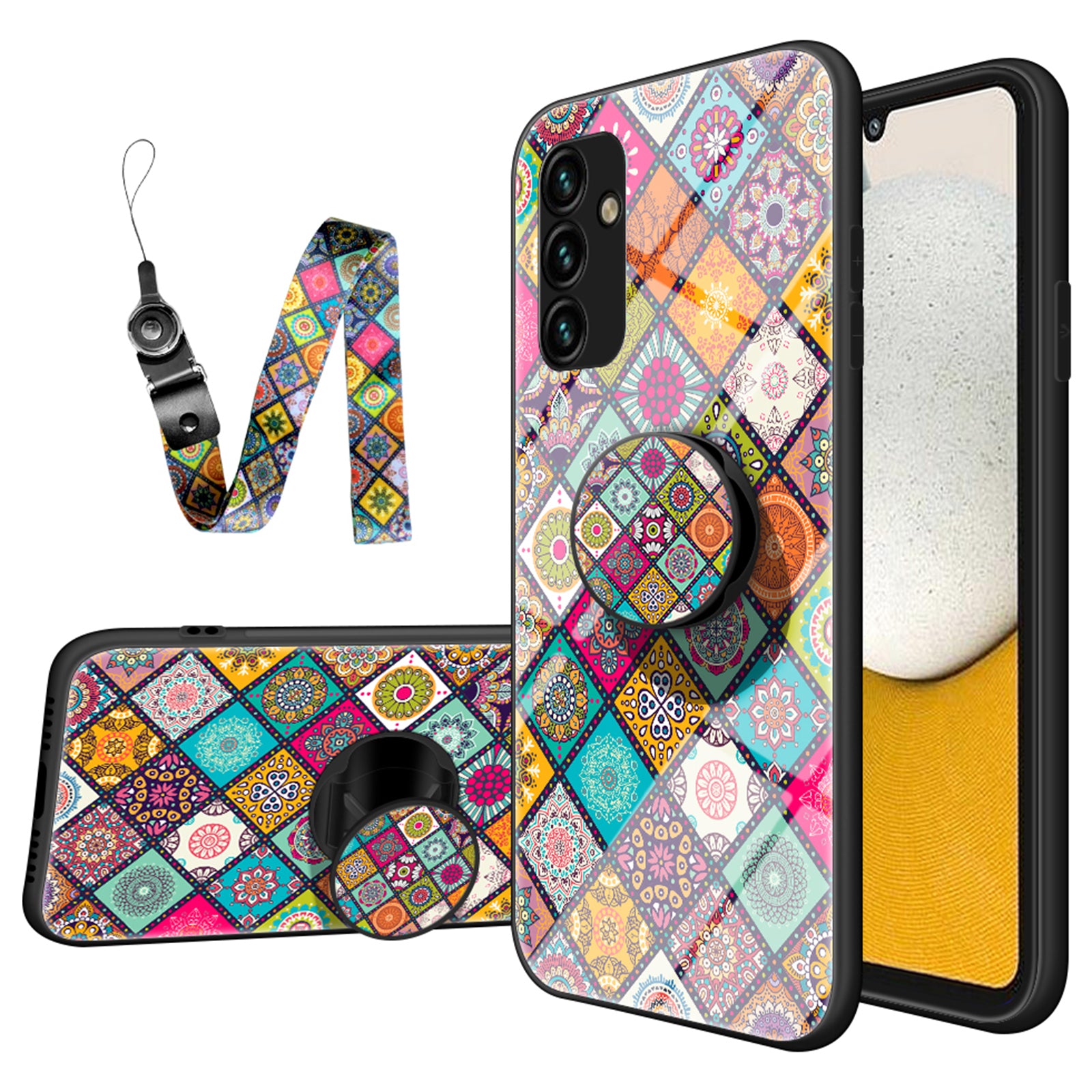 For Samsung Galaxy A34 5G Flower Pattern Kickstand Anti-drop Phone Case PC TPU Tempered Glass Hybrid Cover with Lanyard For Samsung Galaxy A34 5G Flower Pattern Kickstand Anti-drop Phone Case PC TPU Tempered Glass Hybrid Cover with Lanyard